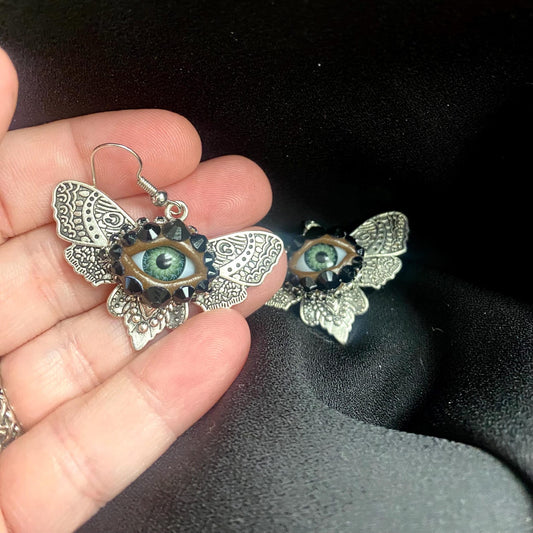 Gothic Silver Tone Moth Eye Art Earrings - Hand Placed Black Rhinestones!
