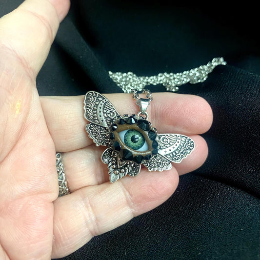 Gothic Silver Tone Moth Pendant Necklace - Handplaced Rhinestones.