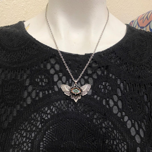 Gothic Silver Tone Moth Pendant Necklace - Handplaced Rhinestones.