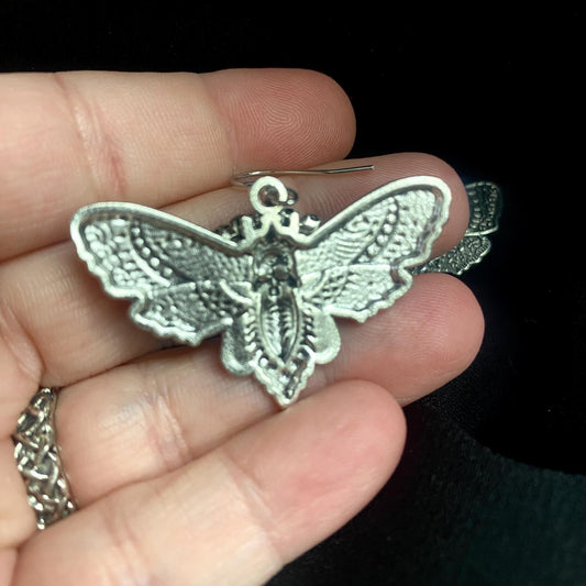 Gothic Silver Tone Moth Eye Art Earrings - Hand Placed Black Rhinestones!
