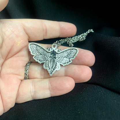 Gothic Silver Tone Moth Pendant Necklace - Handplaced Rhinestones.