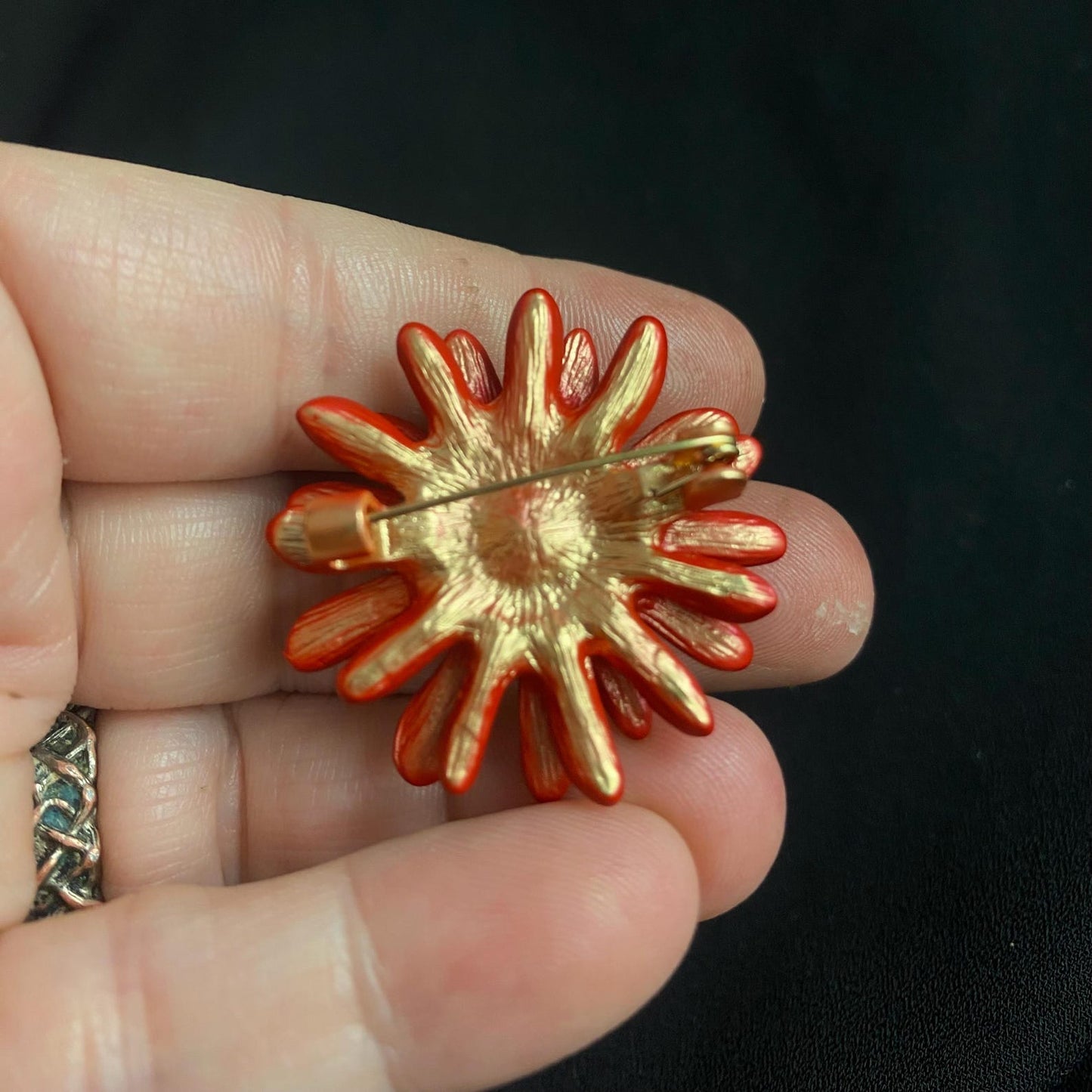 Spring Statement  Red Orange Flower Eye Art Jewelry Brooch Pin! Painted Metal!