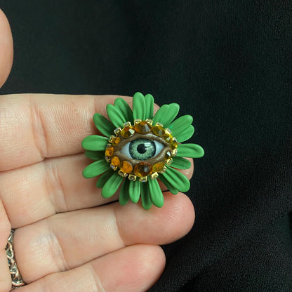 Spring Statement Green Flower Eye Art Jewelry Brooch Pin! Painted Metal!