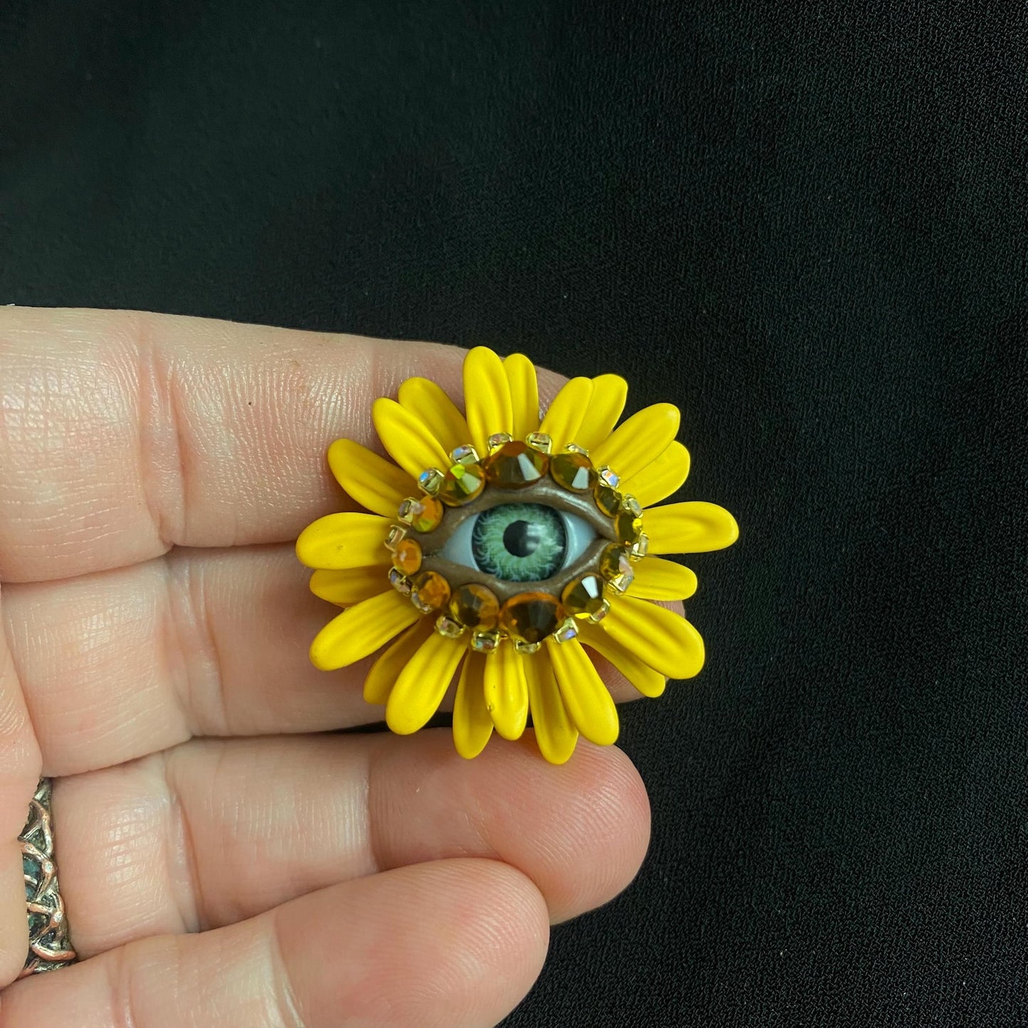 Yellow Flower Eye Brooch: Whimsical Spring Jewelry Accessory