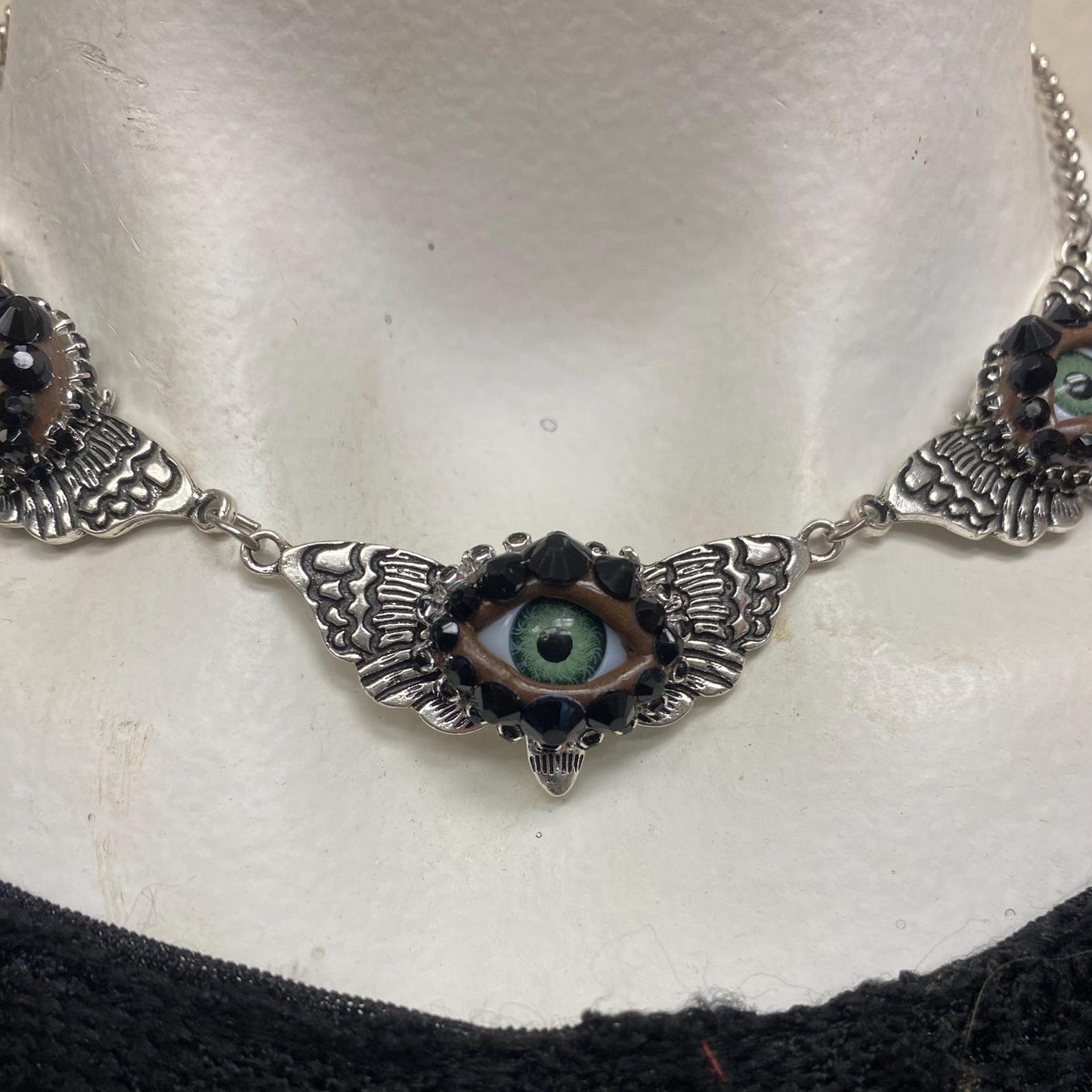 Gothic Moth Choker with Eyes and Rhinestones – Silver Tone Necklace