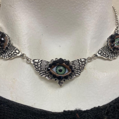 Gothic Moth Choker with Eyes and Rhinestones – Silver Tone Necklace