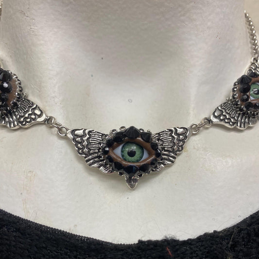 Gothic Moth Choker with Eyes and Rhinestones – Silver Tone Necklace