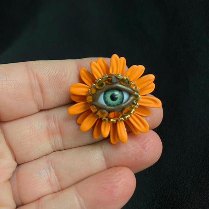 Spring Statement Orange Flower Eye Art Jewelry Brooch Pin! Painted Metal!