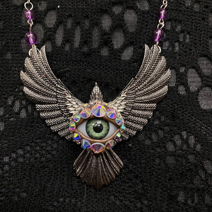 Silver Tone Bird Eye Necklace with Purple Accents, 20-22" Chain