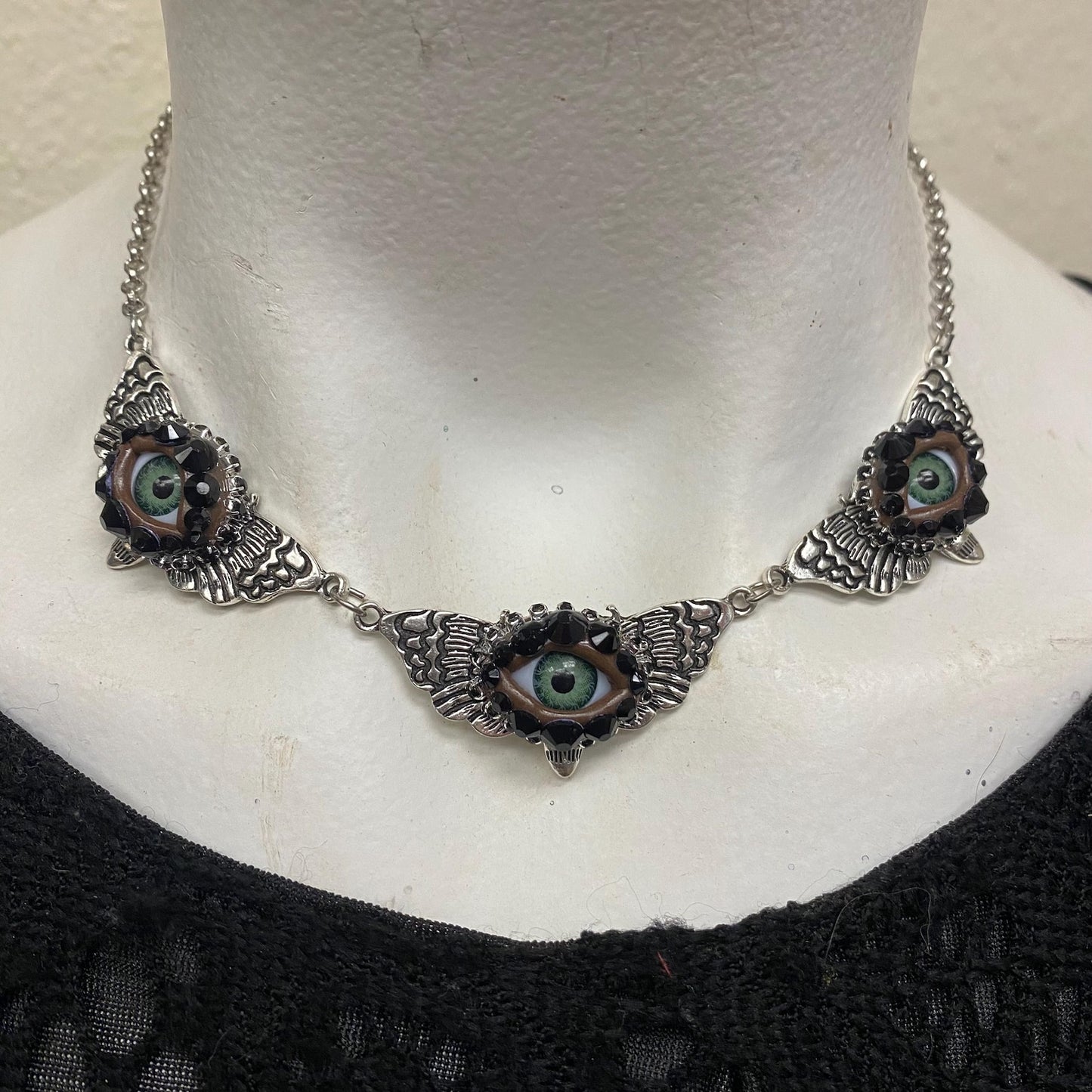 Gothic Moth Choker with Eyes and Rhinestones – Silver Tone Necklace