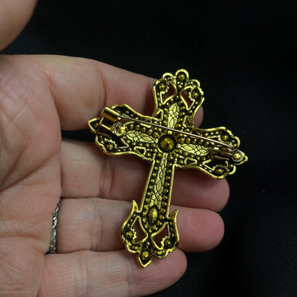 Ornate Vintage Style Rhinestone Eyeball Art Cross Brooch Pin. Golden Tone Hand Placed Rhinestones!