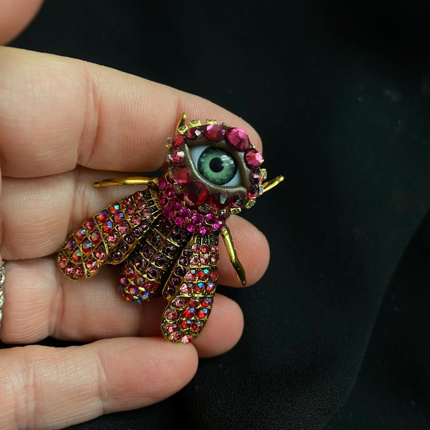 Quirky Whimsical Unique Bejeweled Fly, Hot Pink Eyeball Art Brooch!