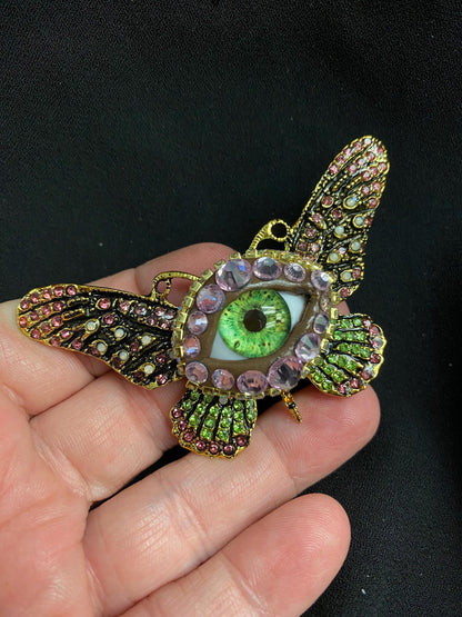 Surreal Evil Eye Butterfly Brooch | Green Glass Eye Pin