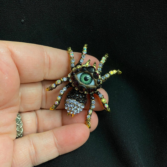Purple Eyeball Spider Brooch | Gothic Green Eye Pin, Crystal Accents (Handcrafted)