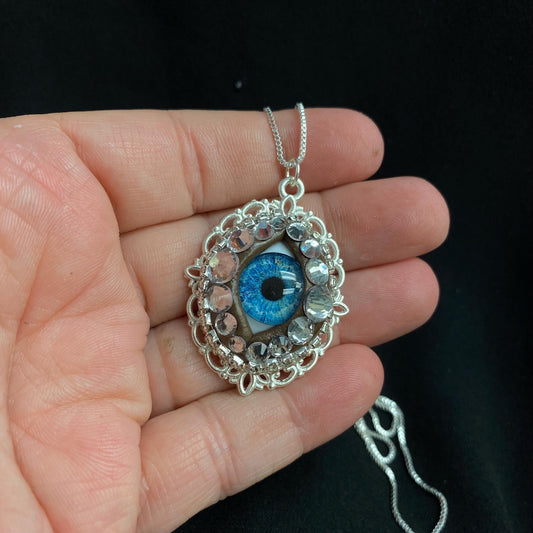 Handmade Blue Glass Iris Pendant Necklace with Rhinestones on Sterling Chain (1.5”, 22”)