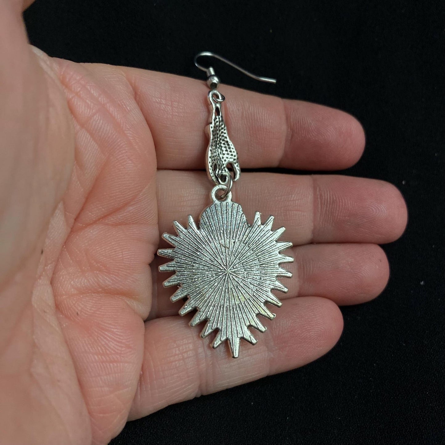 Gothic Silver Tone Spikey Heart Eye Earrings with Bat Accent! Hand Placed Rhinestones!