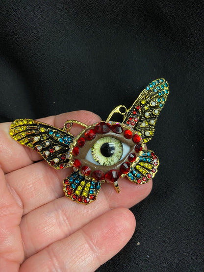 Surreal Evil Eye Butterfly Brooch | Green Glass Eye Pin