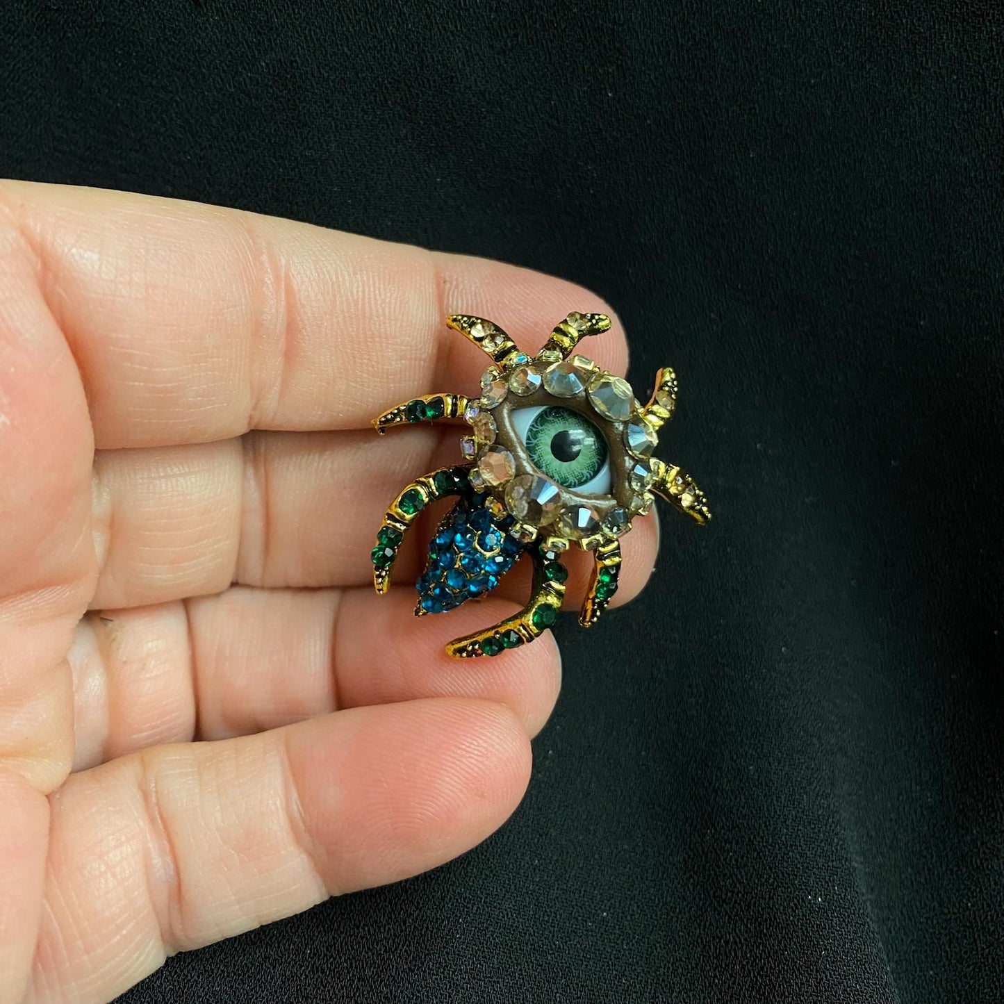 Bold Aqua Petite Bejeweled Spider Eye Art Brooch! Surreal Jewelry Lapel Pin!