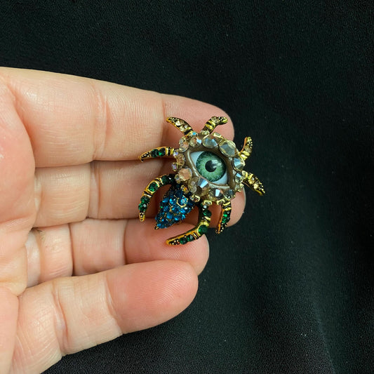 Bold Aqua Petite Bejeweled Spider Eye Art Brooch! Surreal Jewelry Lapel Pin!