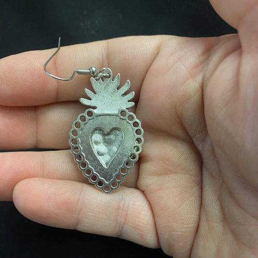 Vintage Style Silver Tone Sacred Heart Eyeball Earrings, Rhinestone Eye Jewelry