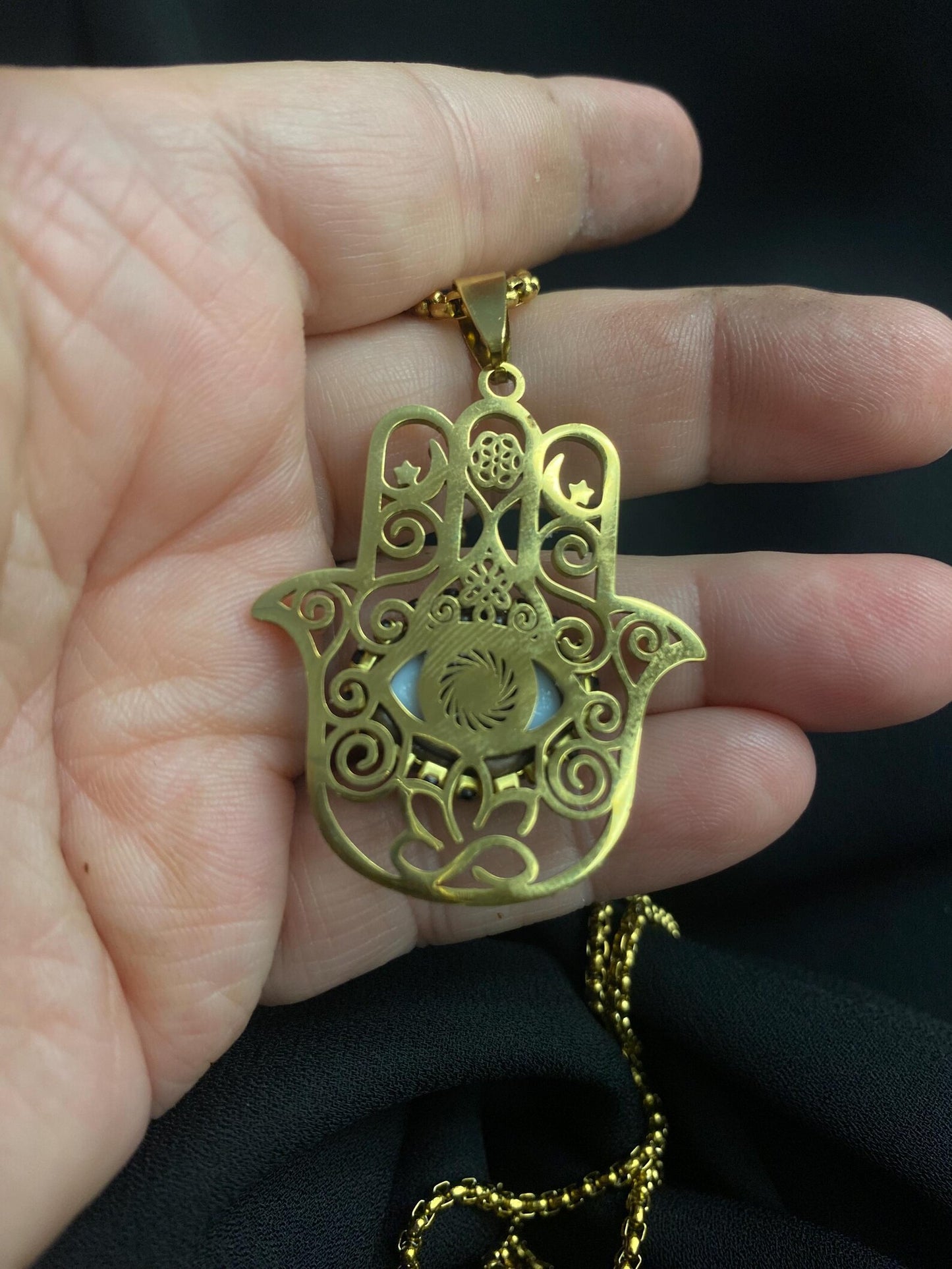 Large Golden Hamsa Hand Eyeball Art Pendant Necklace! Evil Eye Jewelry!