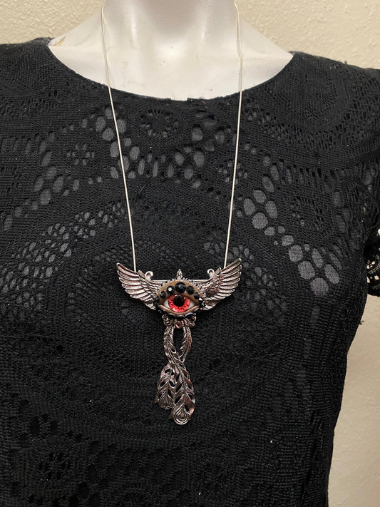 Limited Silver Tone Phoenix Eyeball Art Necklace with a Blood Red Eye and Hinged Tail!