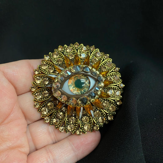 Ornate Vintage Style Eye Brooch: Golden Champagne Amber Rhinestones, Handmade Glass Iris