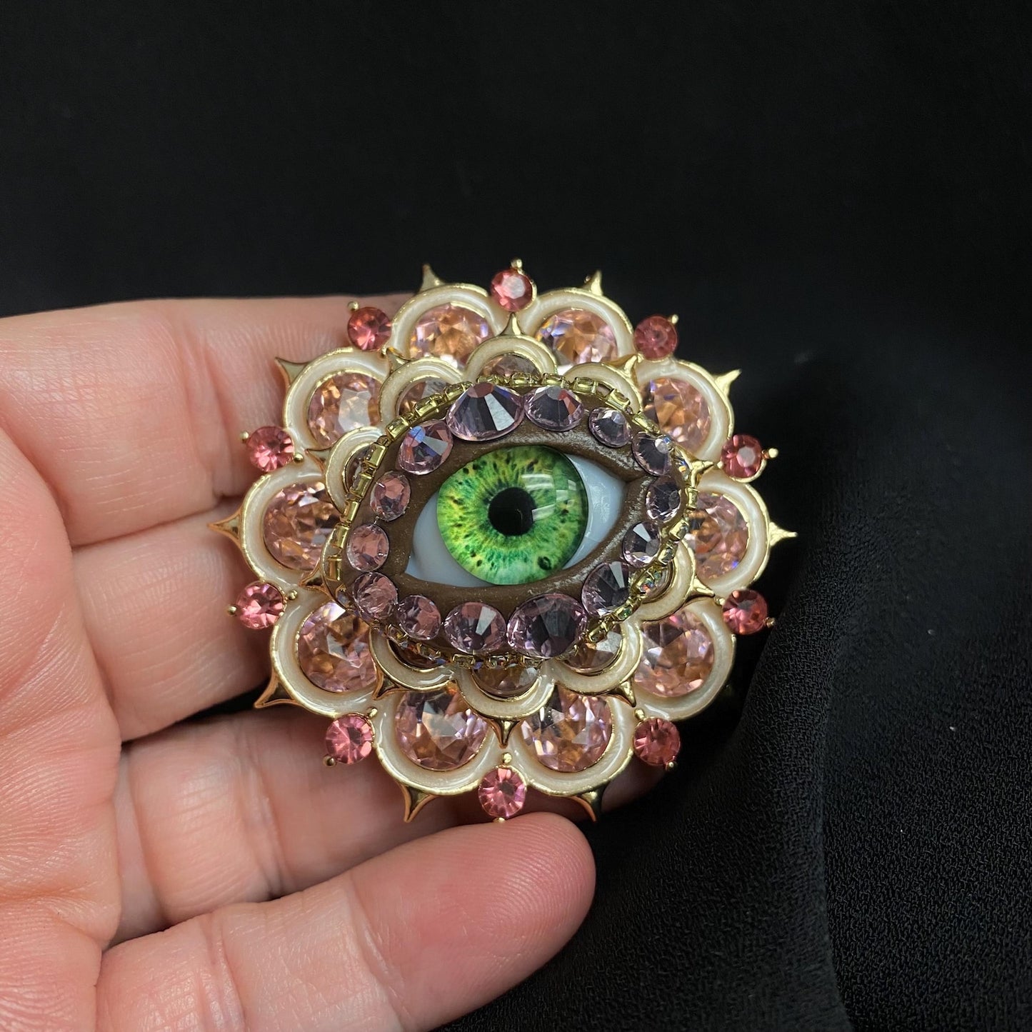 Pretty Little Pinks Ornate Vintage Style Eyeball Art Brooch with a Handmade Green Glass Iris!