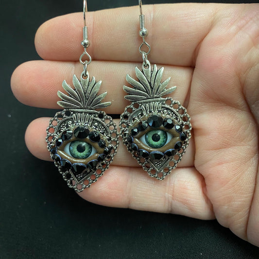 Vintage Style Silver Tone Sacred Heart Eyeball Earrings, Rhinestone Eye Jewelry