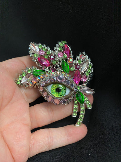 Floral Bough Eyeball Brooch with Green Glass Iris – Pink Spring Statement Jewelry