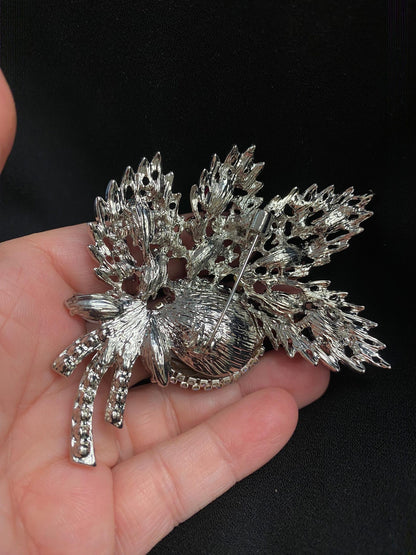 Floral Bough Eyeball Brooch with Green Glass Iris – Pink Spring Statement Jewelry