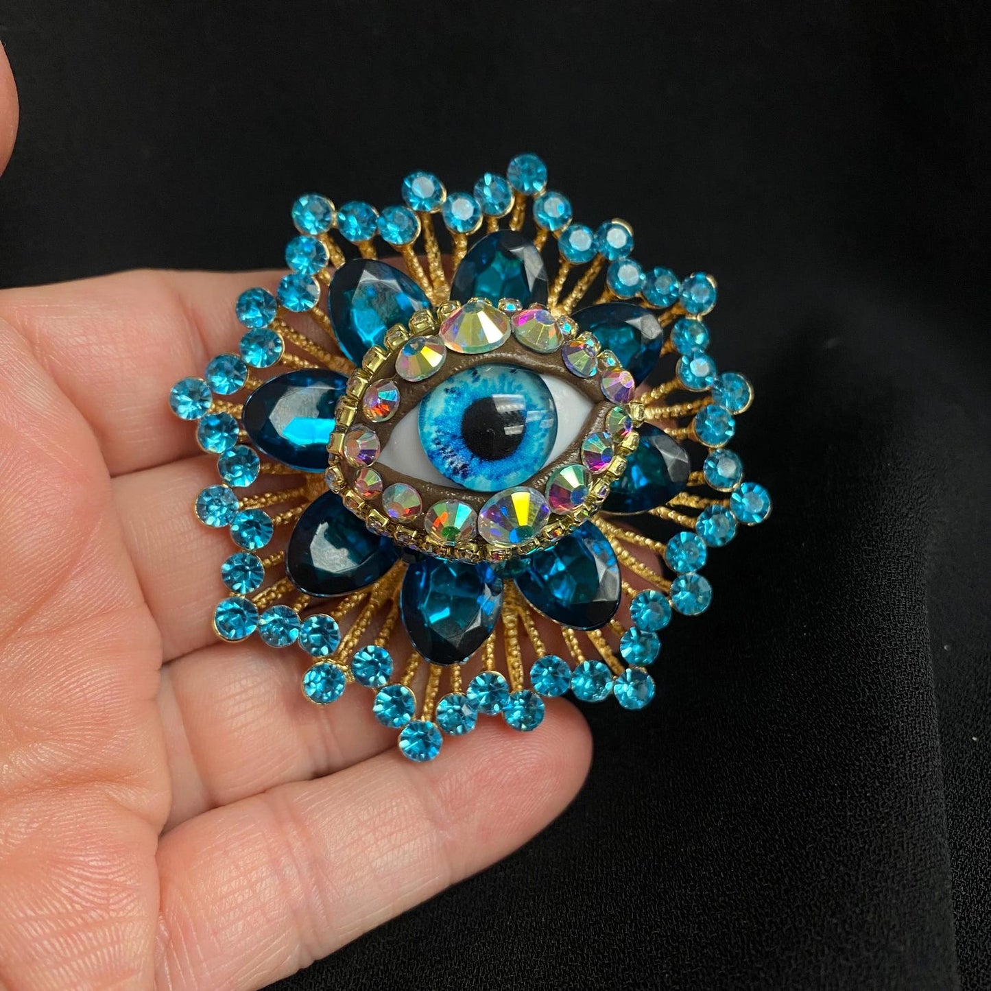 Bold Aqua and Gold Tone Large Rhinestone Eyeball Art Brooch with a Handmade Glass Iris!