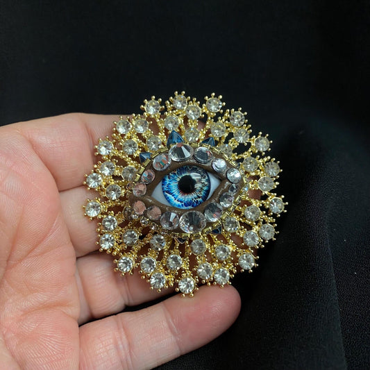 Rhinestone Shooting Stars Gold Tone Eyeball Art Brooch with a Natural Handmade Glass Iris!