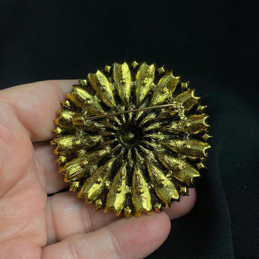 Ornate Vintage Style Eye Brooch: Golden Champagne Amber Rhinestones, Handmade Glass Iris