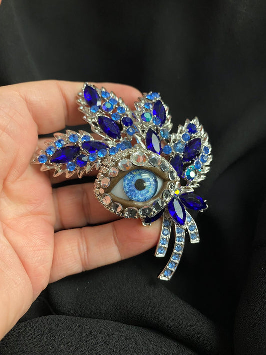 Floral Bough Eyeball Brooch with Blue Glass Iris – Blue Spring Statement Jewelry
