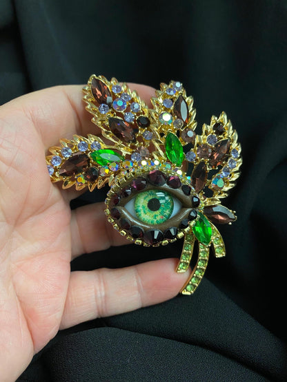 Floral Bough Purples Eyeball Brooch with Green Glass Iris – Blue Spring Statement Jewelry