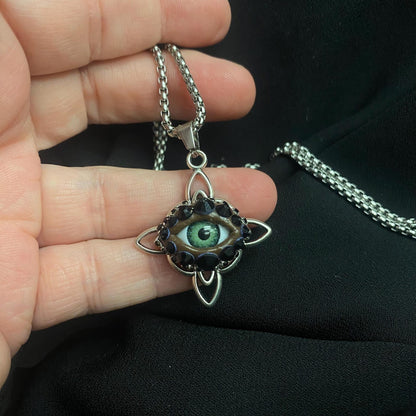Celtic Eye Silver Tone Eyeball Art Pendant Necklace! Hand Placed Rhinestones!