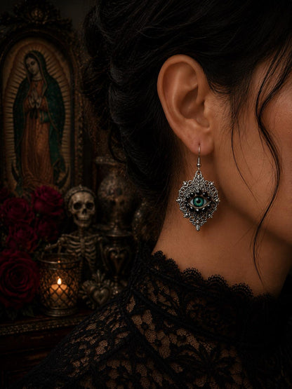 Silver Tone Sacred Heart Eyeball Earrings with Skull Accents