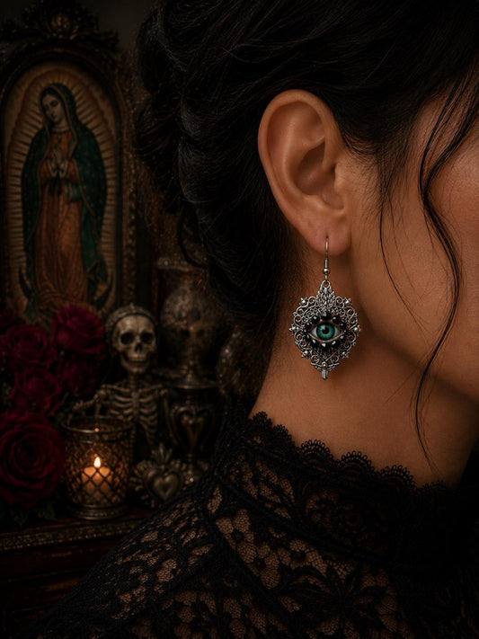 Silver Tone Sacred Heart Eyeball Earrings with Skull Accents