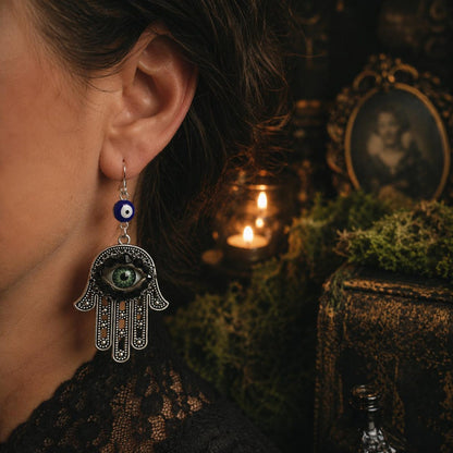 Hamsa Hand Silver Tone Earrings, Green Eye & Rhinestone Boho Jewelry