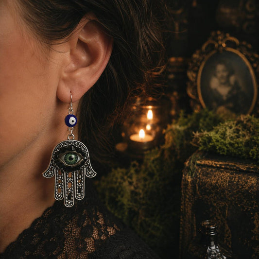 Hamsa Hand Silver Tone Earrings, Green Eye & Rhinestone Boho Jewelry
