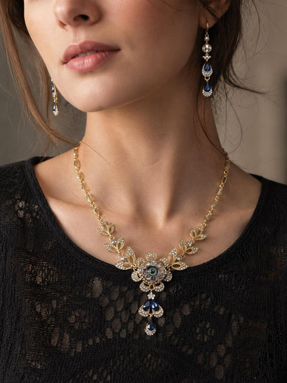 Gold Tone Eyeball Necklace and Earrings Set with Blue Crystals – Statement Jewelry