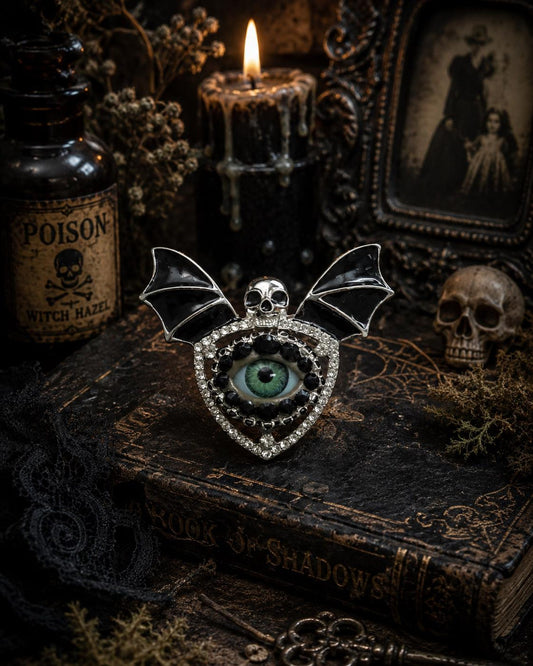 Gothic Skull with Batwings Eyeball Art Brooch - Eye Jewelry Pin - Goth Fashion! Unique!