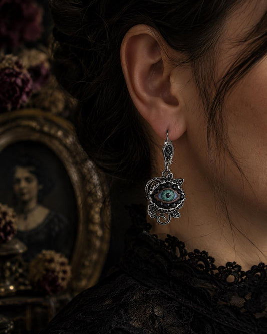 Antiqued Silver Rose - Eyeball Art Earrings with Natural Green Irises and Hand Placed Rhinestones!