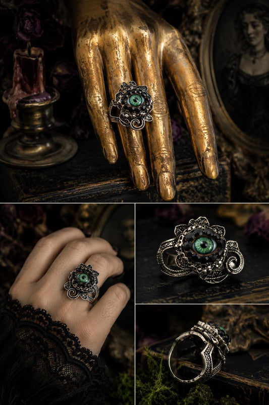 Antiqued Silver Rose Eyeball Ring – Green Iris, Rhinestone Art, size  10.