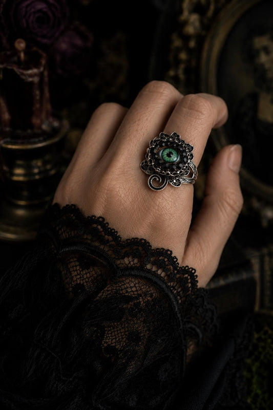 Antiqued Silver Rose Eyeball Ring – Green Iris, Rhinestone Art, size  10.