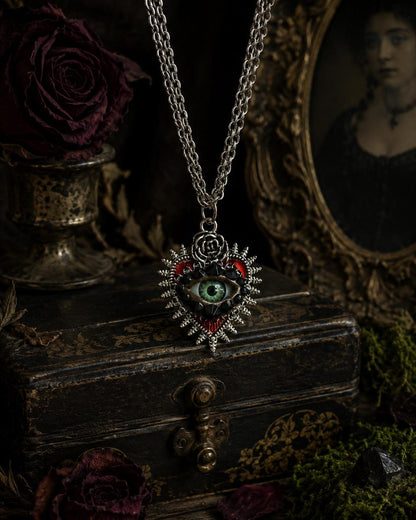 Spikey Heart with Rose Silver Tone Eye Art Gothic Pendant Necklace! Hand Placed Rhinestones!