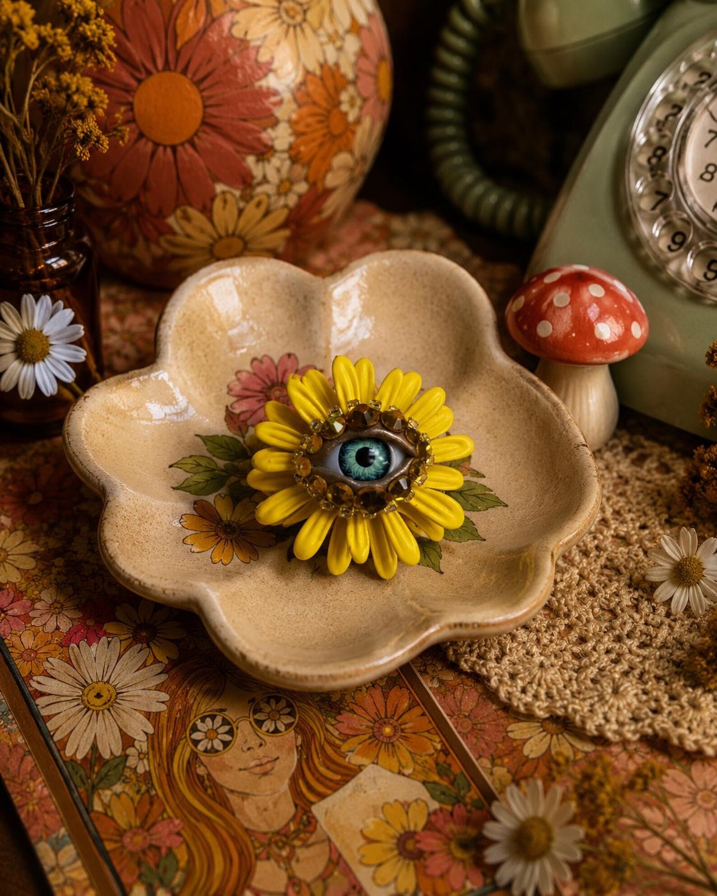 Yellow Flower Eye Brooch: Whimsical Spring Jewelry Accessory