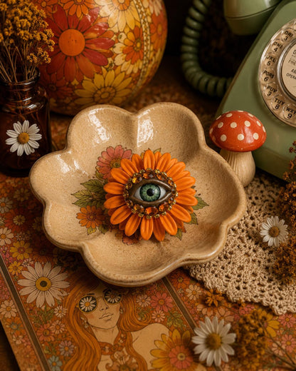 Spring Statement Orange Flower Eye Art Jewelry Brooch Pin! Painted Metal!