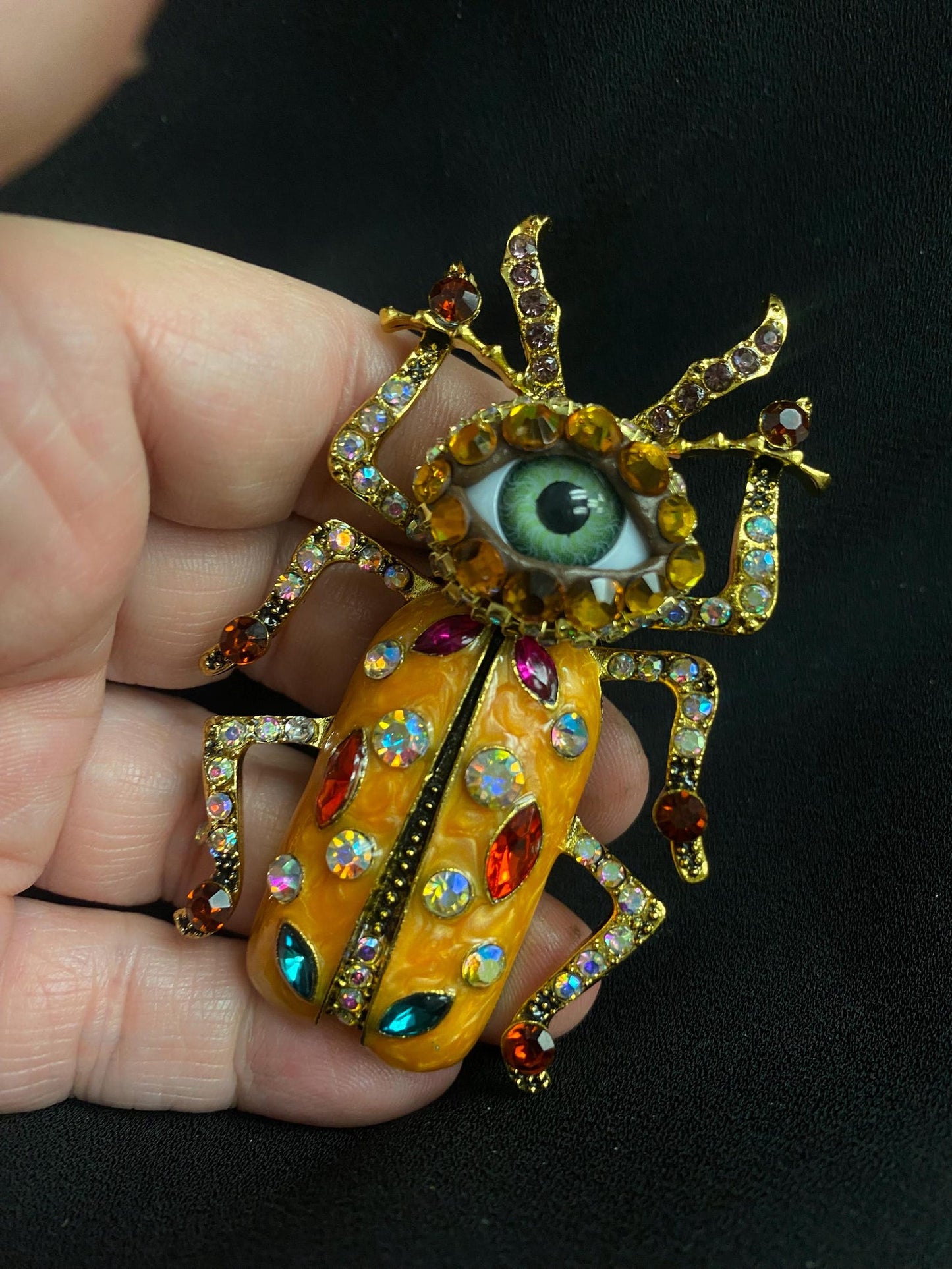 Giant Enameled Beetle Brooch, Rhinestone Eyeball Art Pin (3”x2”